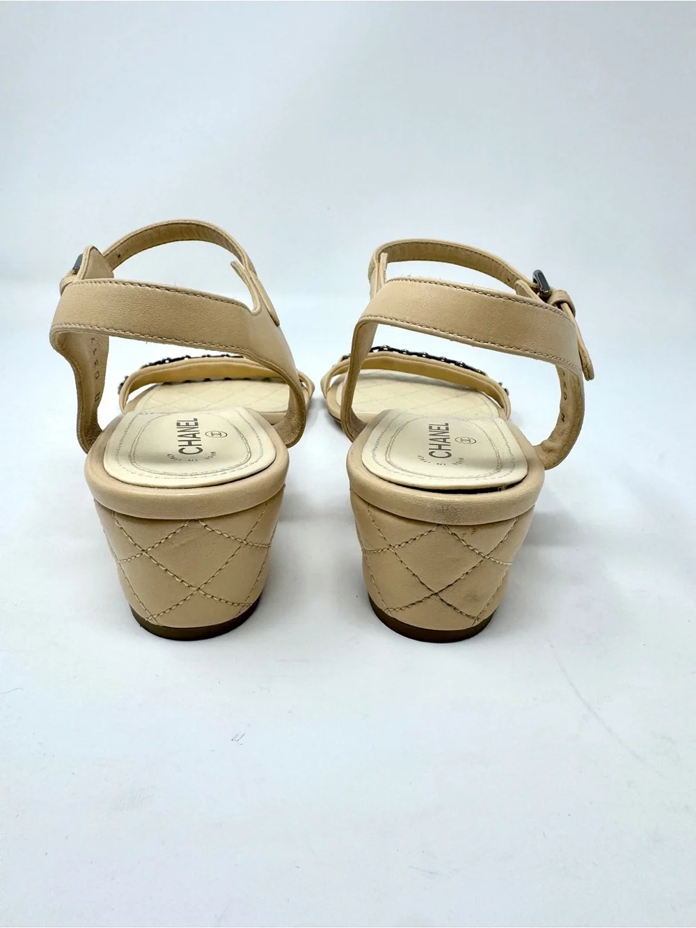 Chanel Nude Tan Beige Chain and Pearl Ankle Strap Quilted Heeled Sandals
